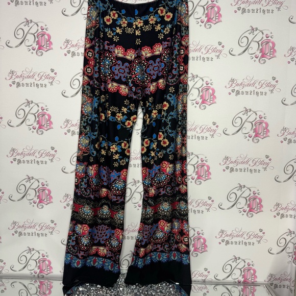 Pants floral hippie flare bootcut red blue cream black soft stretchy comfy luxe - Picture 4 of 13